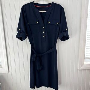 Jones New York Navy Button-Front Midi Shirt Dress with Tie